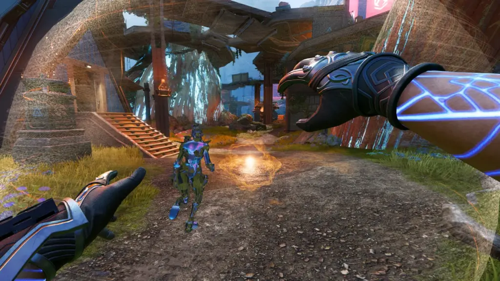 First-person Apex Legends gameplay screenshot showing a player chasing an enemy legend through an overgrown map area