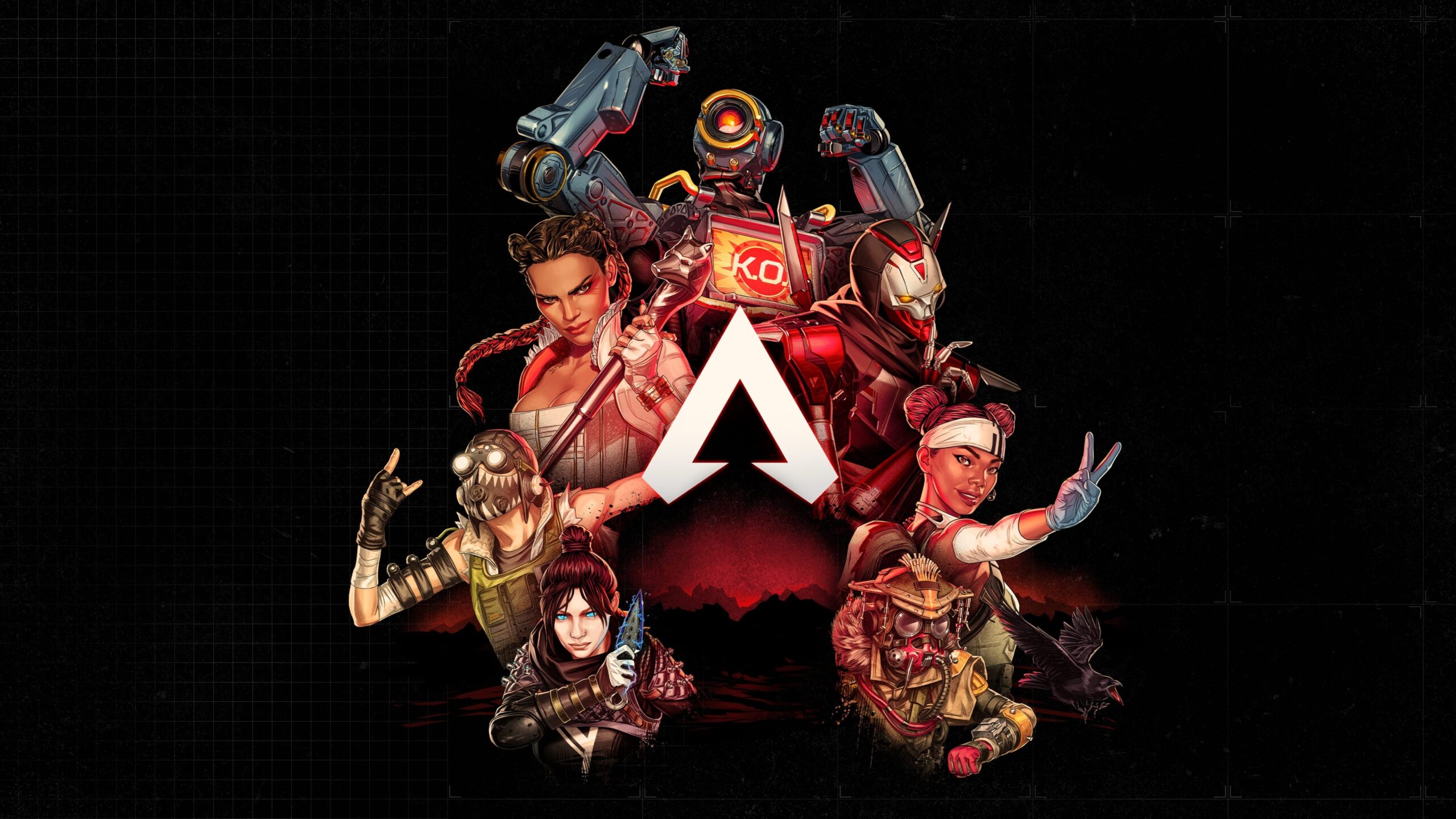 Apex Legends key art showing Lifeline, Bloodhound, Wraith, Revenant, Pathfinder and Loba clustered around the white Apex Legends logo on a black background