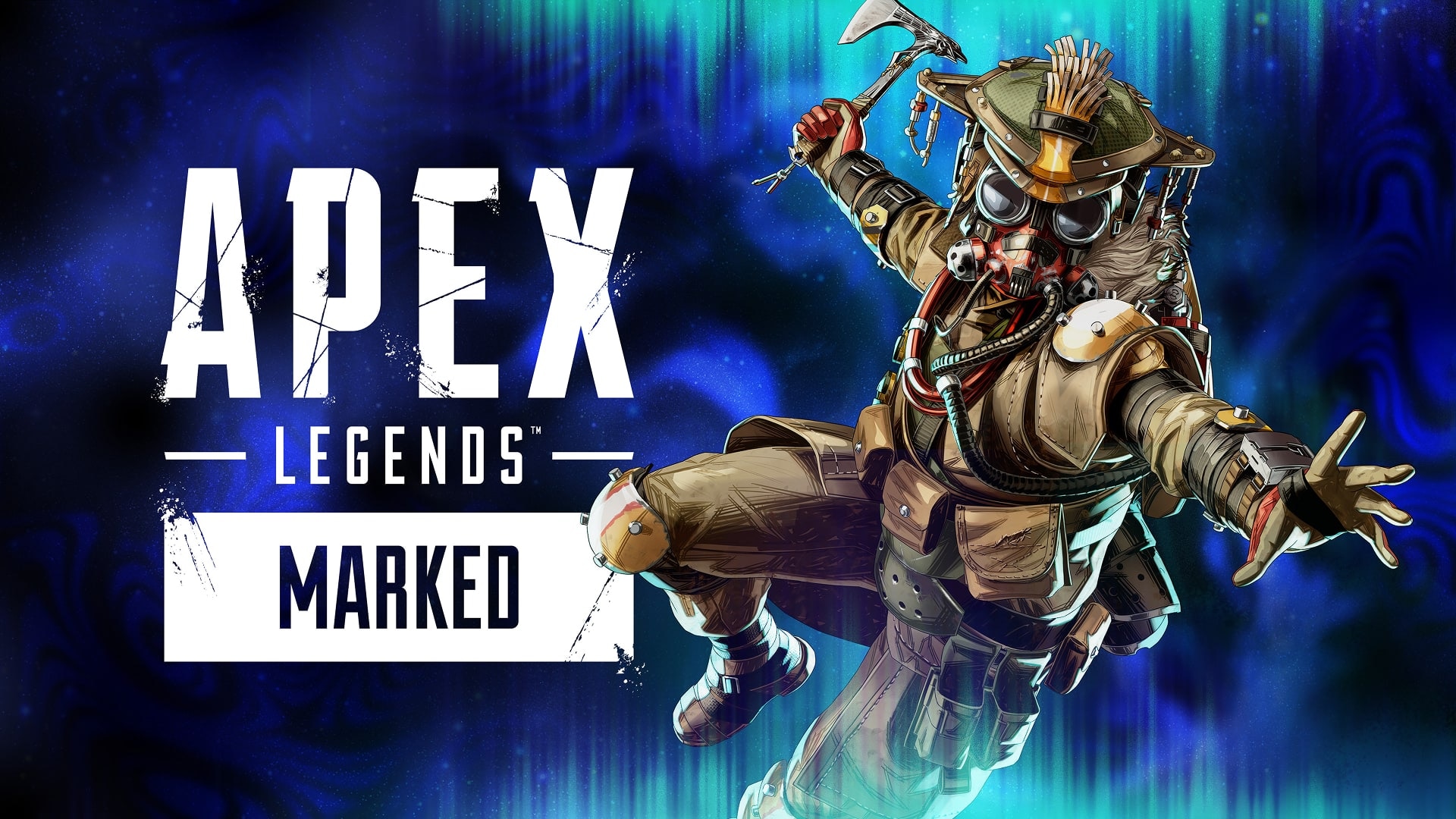 Apex Legends Marked season key art showing the legend Bloodhound leaping forward with a tomahawk raised against a blue aurora background, alongside the Apex Legends Marked logo.