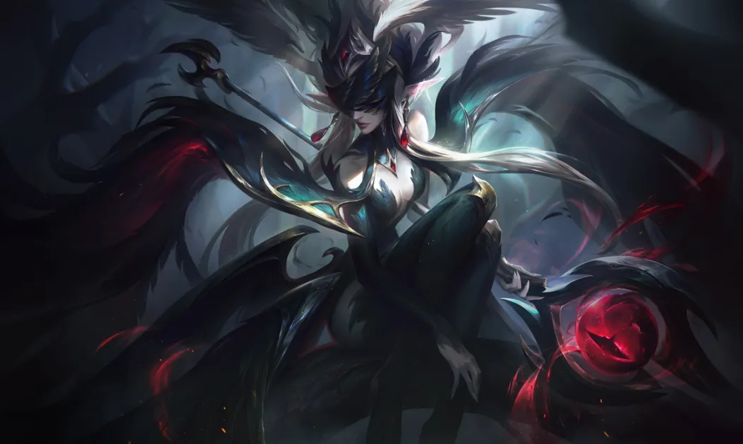 Official League of Legends splash art for Coven Janna, a dark-winged sorceress in black and teal robes holding a staff beside a glowing red orb