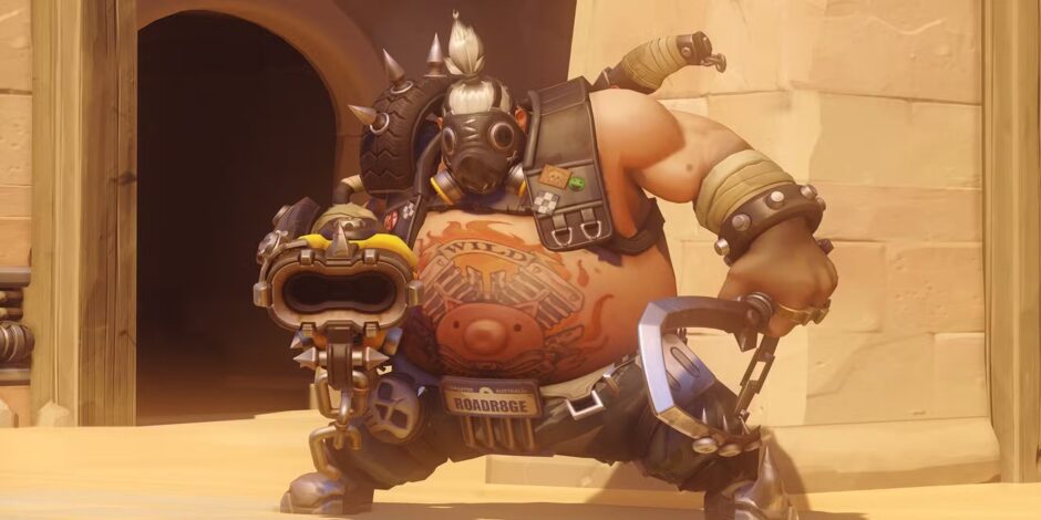 A side-by-side comparison of the Overwatch characters Sombra and Roadhog, showing Sombra in a new outfit and Roadhog holding a large mechanical device.