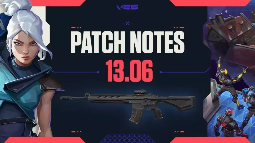Valorant Patch Notes 13.06 banner with the Warden rifle rendered horizontally beneath the patch number, flanked by agent Jett and Gauntlet training bots.