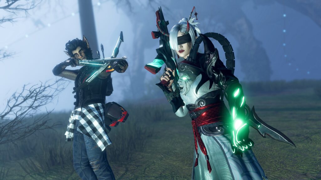 In-game render of Apex Legends legend Alter wearing the Blood Pact demon skin, with red horns, a blindfold, white hair and a glowing green gauntlet, on a dark studio backdrop.