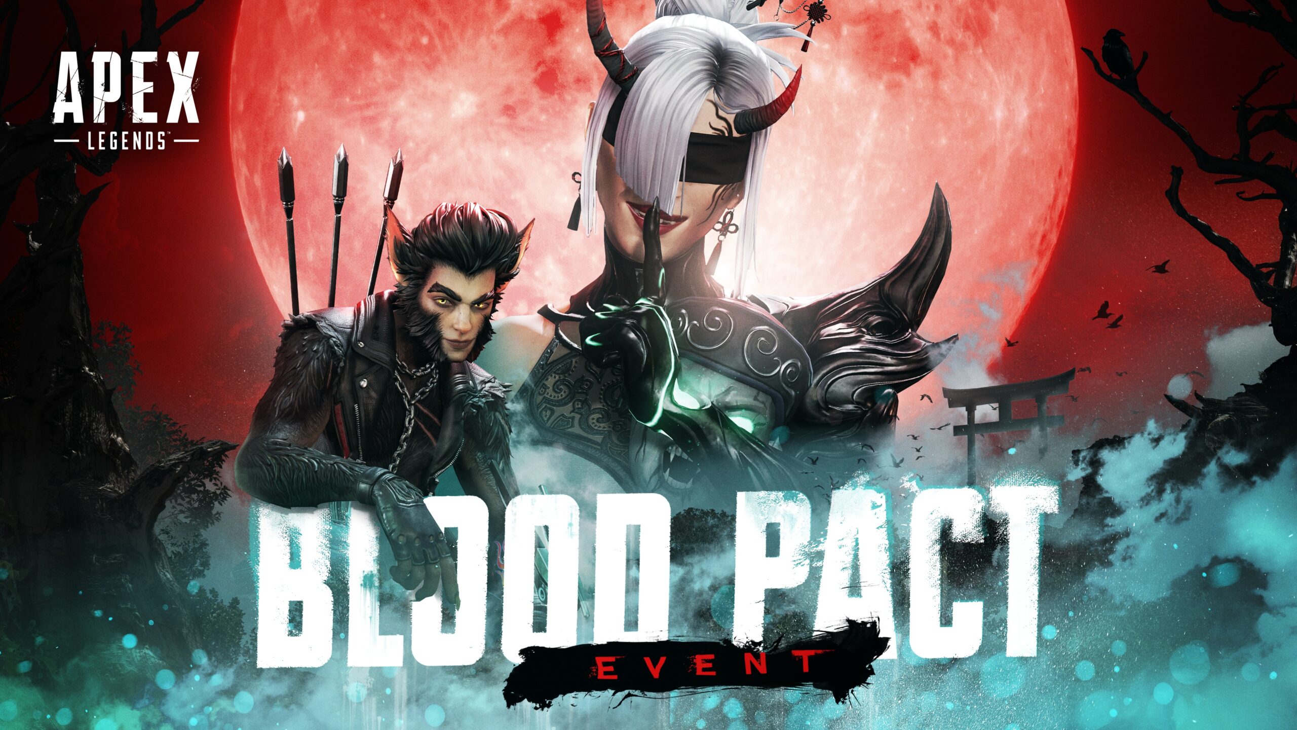 Official Apex Legends Blood Pact event key art showing Sparrow in a werewolf-themed skin and Alter in a demon-themed skin posed before a giant red blood moon, with fog and the event title below.