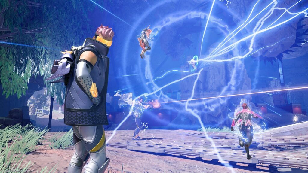 Apex Legends in-game screenshot of Crypto watching his Surveillance Drone unleash a wide blue electrical EMP dome over multiple opposing Legends on a Kings Canyon-style map.