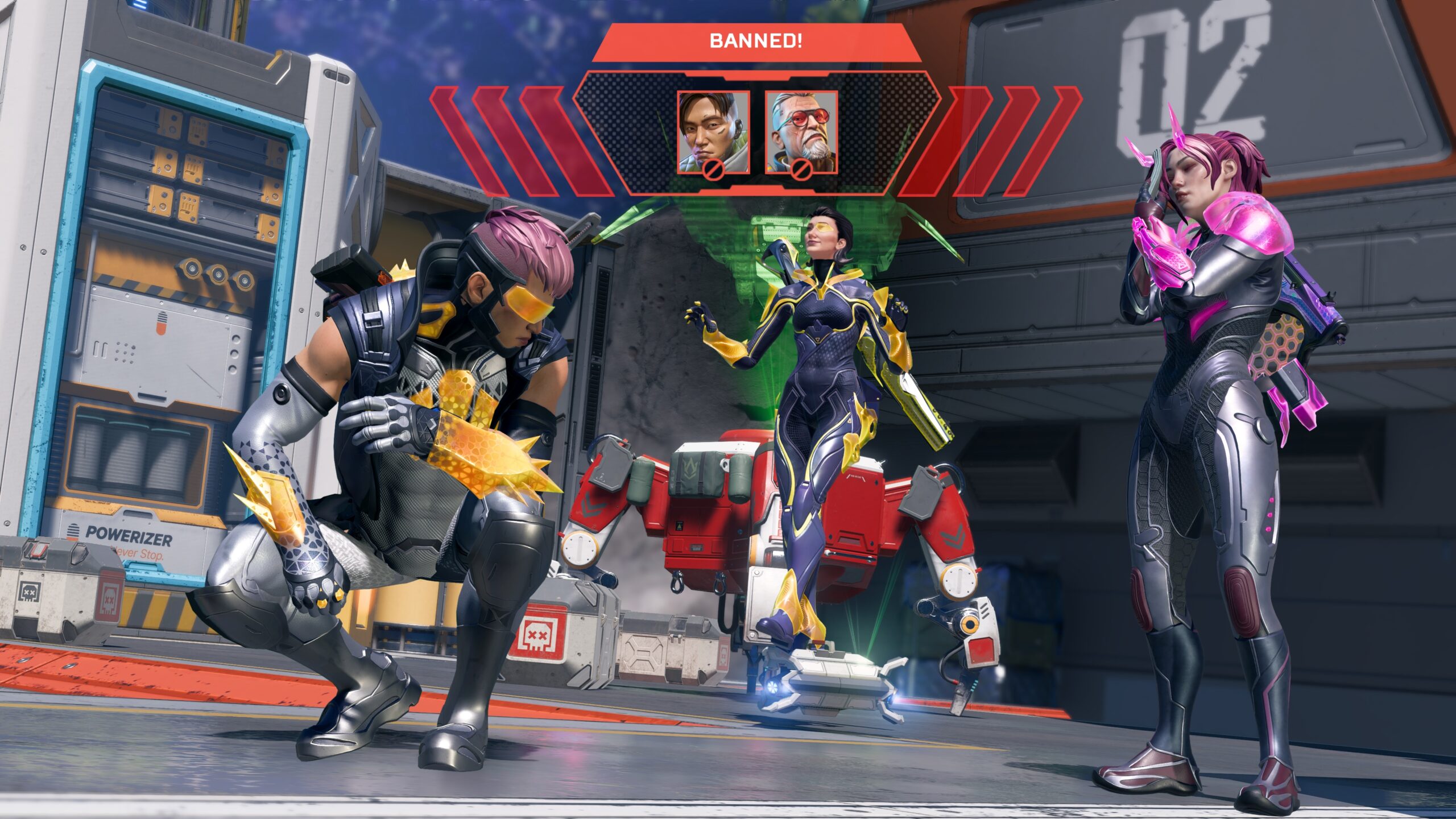 Apex Legends in-game screenshot showing Crypto crouching beside teammates while a red 'BANNED!' banner at the top displays two crossed-out Legend portraits, illustrating the new Legend Bans feature.