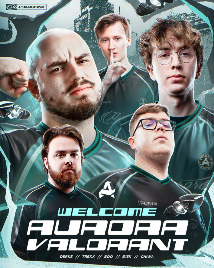 Official Aurora Gaming VALORANT welcome graphic showing five players in green jerseys above the text 'Welcome Aurora Valorant' and the names Derke, trexx, Boo, B1SK and chiwa.