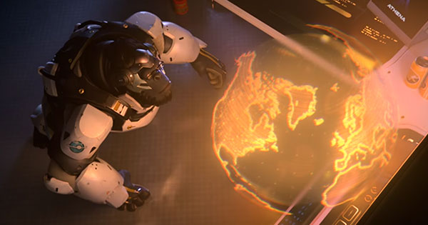 Overwatch hero Winston in his white-and-black armor leaning over a glowing orange holographic globe, official Blizzard patch-notes artwork