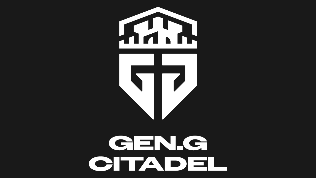 White Gen.G Citadel co-branded shield emblem merging the Citadel crest and Gen.G 'G' mark, with the 'GEN.G CITADEL' wordmark below on a black background.