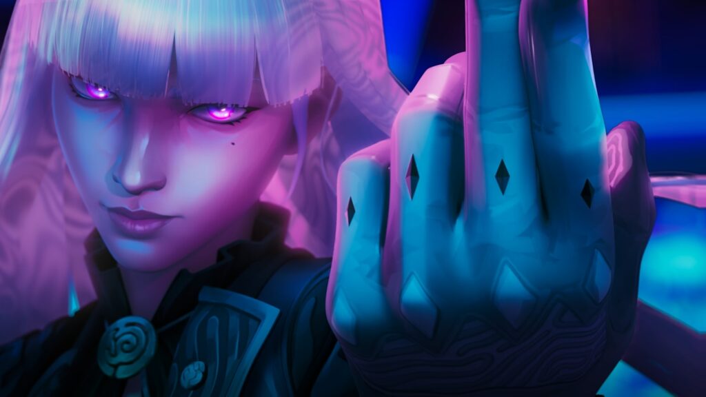 Close-up of Valorant agent Hush with glowing purple eyes raising a hand marked with diamond-shaped telekinetic energy nodes.