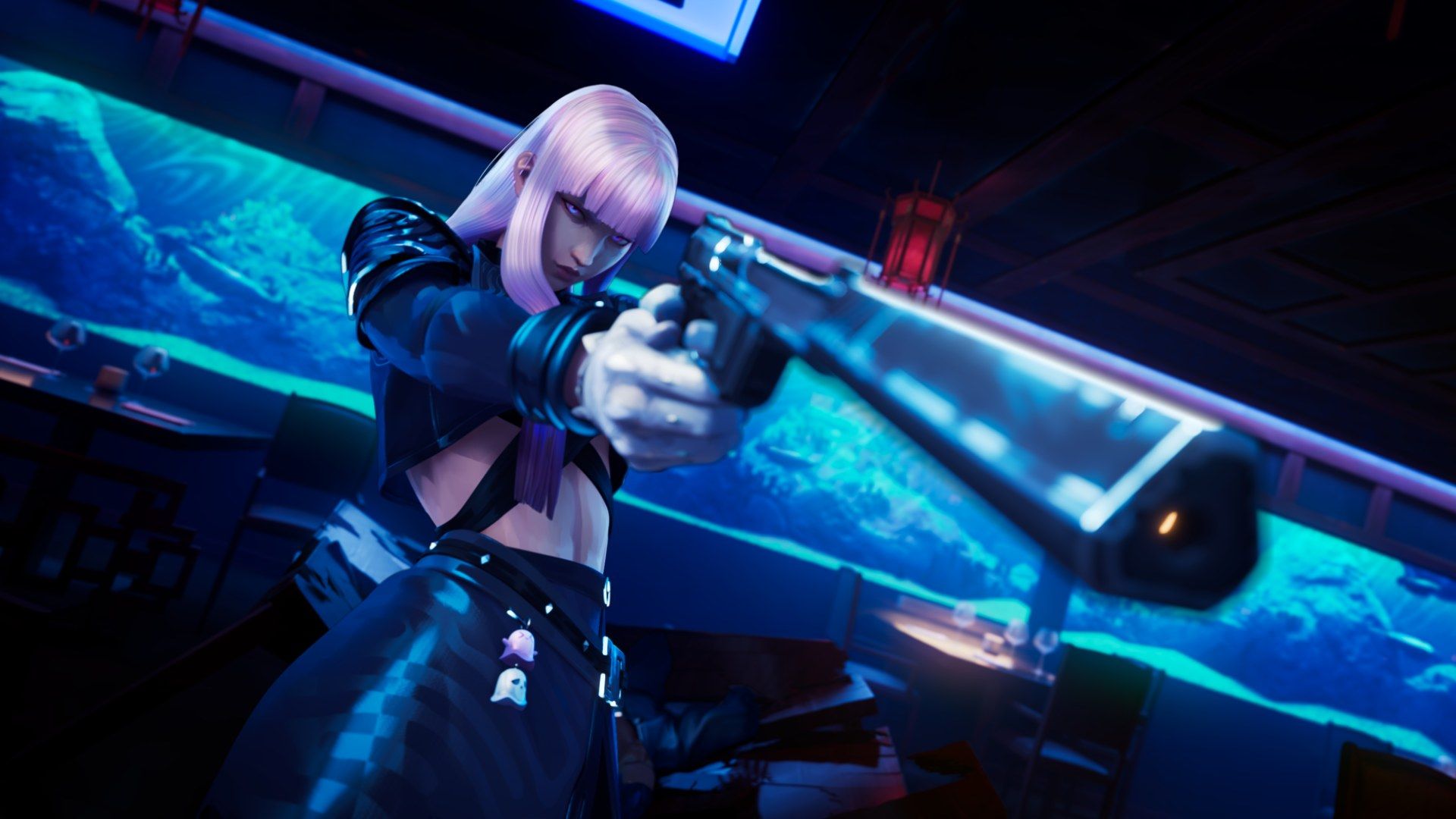 Valorant agent Hush, a pink-haired Duelist in a black outfit with Chinese-inspired details, aims a pistol inside a neon-lit room with a red lantern and aquarium.
