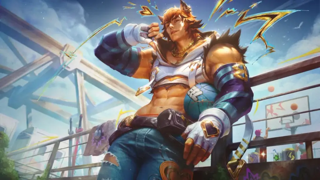 Official League of Legends splash art of a muscular male champion in a Heartsteel-style skin posing on an outdoor basketball court