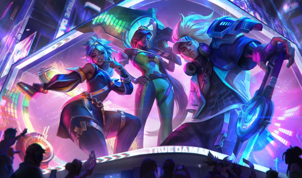 League of Legends True Damage skin splash art showing Qiyana, Senna and Yasuo in neon stage lighting, new cosmetic line shipped alongside Patch 26.21.