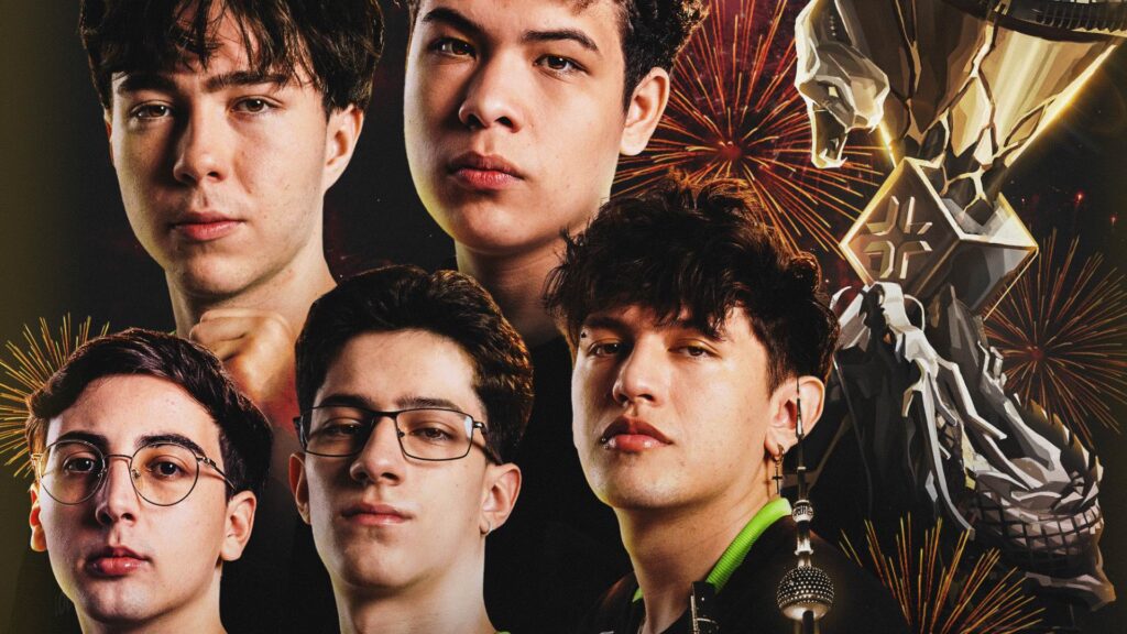 Key-art collage of the five LOUD VALORANT players' faces beside the gold VALORANT Champions trophy against a fireworks background.