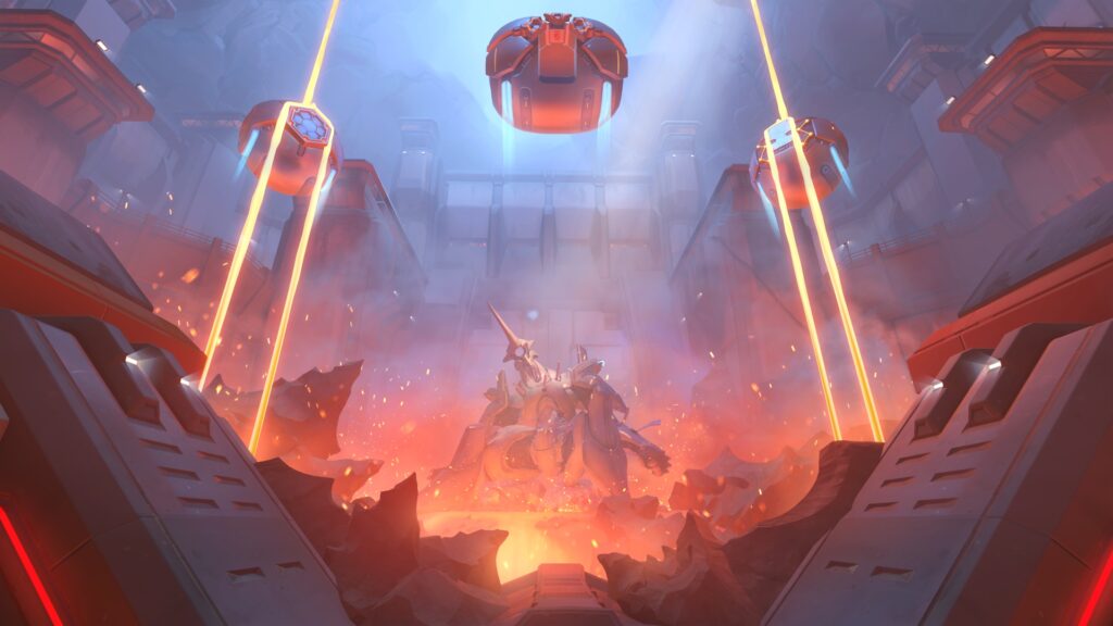 Overwatch 2 escort map Watchpoint: Grímsvötn, a volcanic fissure interior with a central statue, glowing lava, and three floating drone beacons projecting light beams.