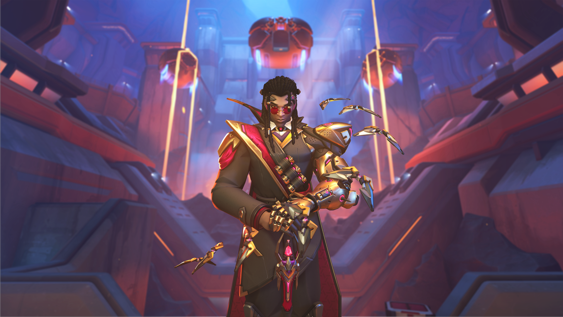 Overwatch 2 Support hero Doctrine standing in the volcanic interior of Watchpoint: Grímsvötn, wearing a dark coat with gold pauldron and red-lined cape, red visor, with bat-like drones orbiting around him.