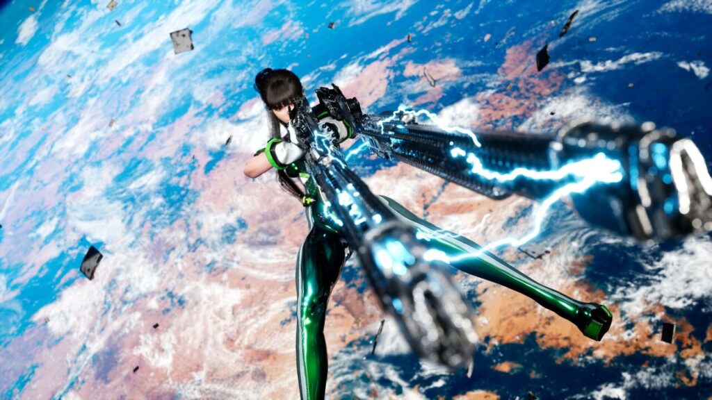 Stellar Blade protagonist Eve in her green suit floating in orbit above Earth, firing twin electrified weapons amid drifting debris.
