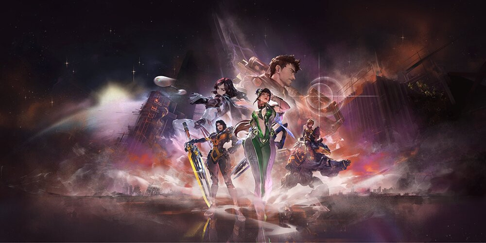 Official Overwatch x Stellar Blade 'EVE Protocol' collaboration key art showing five Stellar Blade characters — Eve in a green bodysuit at center, Adam top right, and Lily, Raven and Tachy around them — against a smoky, ruined-city backdrop.