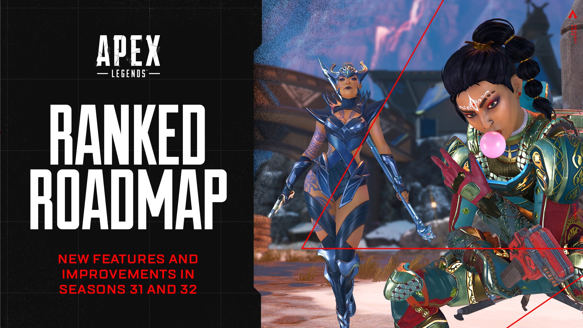 Apex Legends official 'Ranked Roadmap' key art with the title on a black panel beside two Legends in ornate skins on a snowy map.