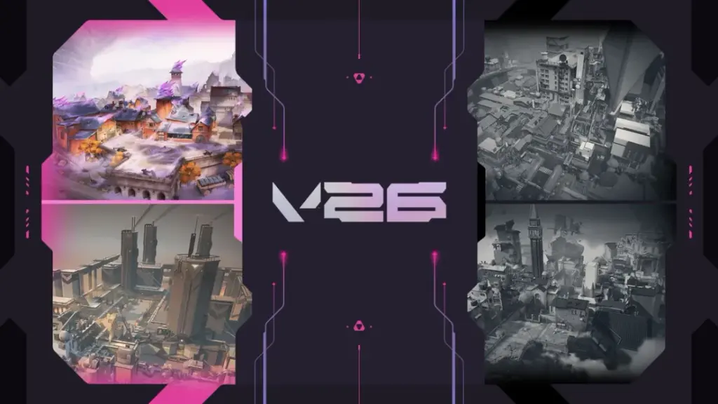 Valorant V26 key art showing the Act 6 map pool with color and grayscale map thumbnails around the V26 logo