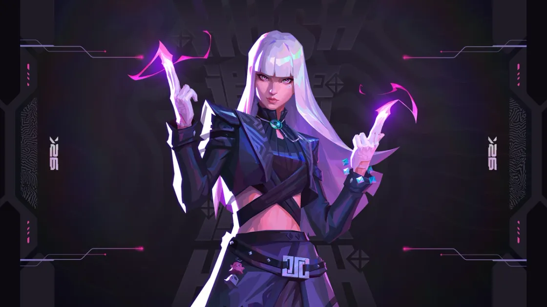 Official Valorant splash art of Hush, the telekinetic Duelist agent, holding pink energy blades in both hands against a dark backdrop.