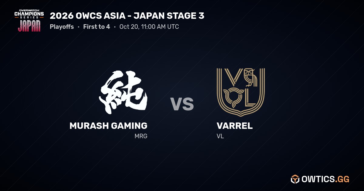 Official OWCS Asia Japan Stage 3 Playoffs match card showing MURASH GAMING versus VARREL, First to 4, dated October 20, with both team logos on a dark background.