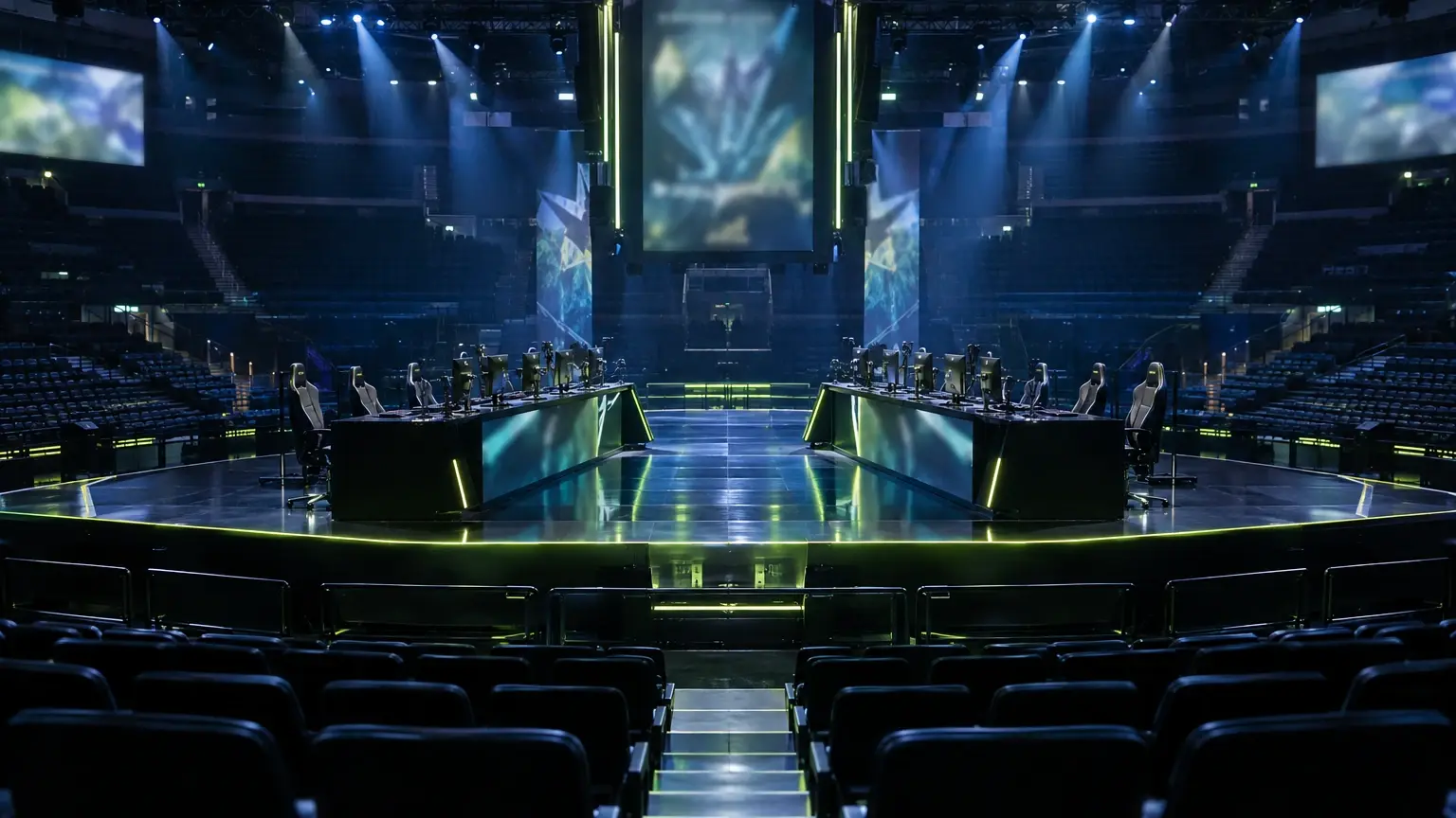Wide landscape shot of an empty VALORANT Champions Tour arena stage, with two facing team desks, large overhead screens and spotlight beams over rows of seats.